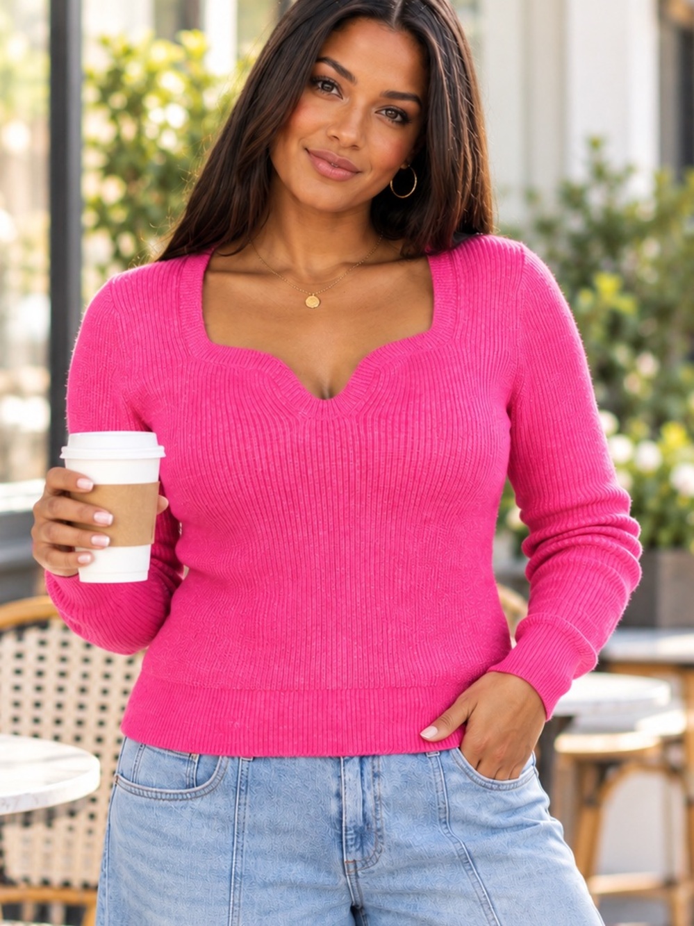 THE DROP Knit Sweater Luminous Pink Preppy Y2K Barbiecore XL Romantic NWT